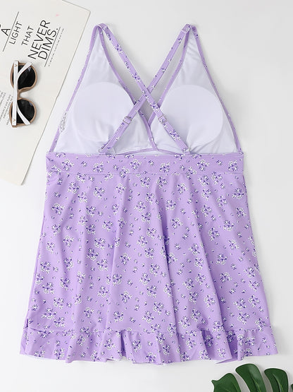 Plus Size Ditsy Floral Print V Neck Ruffle Hem One Piece Swimsuit