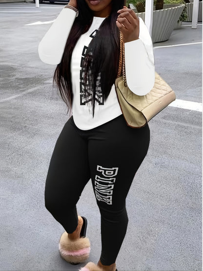 Plus Size Letter Print Long Sleeve Top & Legging Set