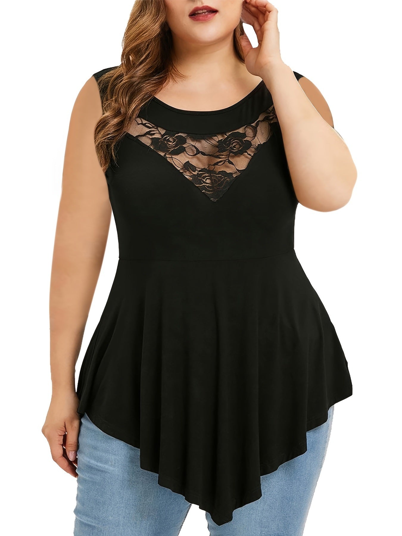 Plus Size Contrast Lace Irregular Hem Tank Top