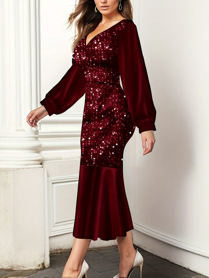 Sequined Mermaid Hem Dress, Elegant Long Sleeve V Neck Dress