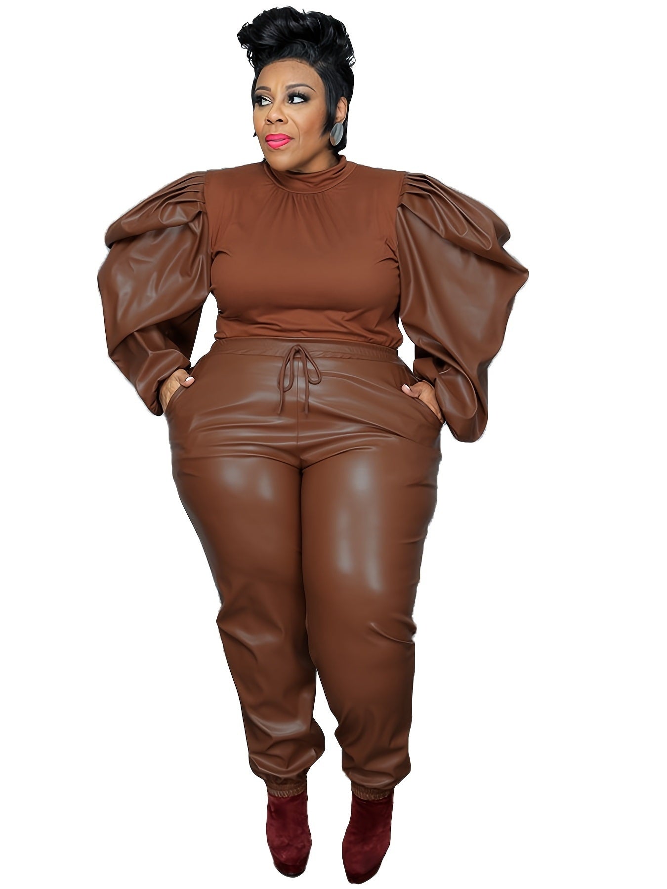 Plus Size Contrast Layer Solid Puff Sleeve Tops & Sweatpants Set