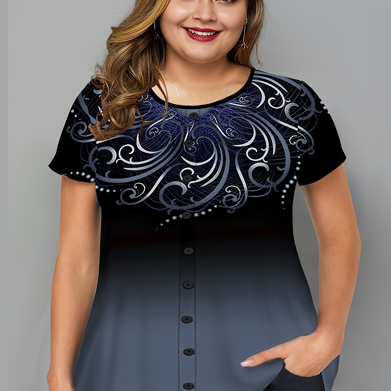 Plus Size Ombre Graphic Print Button Decor Short Sleeve T-shirt; Women's Plus Slight Stretch Casual Top