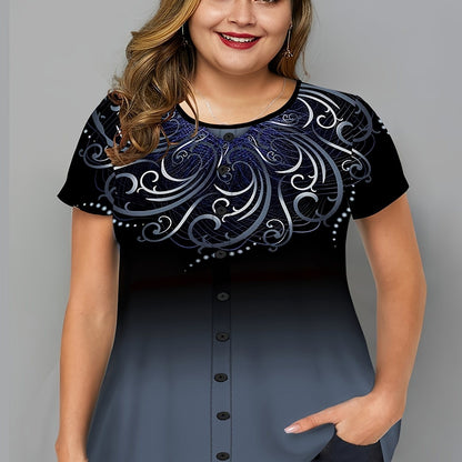 Plus Size Ombre Graphic Print Button Decor Short Sleeve T-shirt; Women's Plus Slight Stretch Casual Top