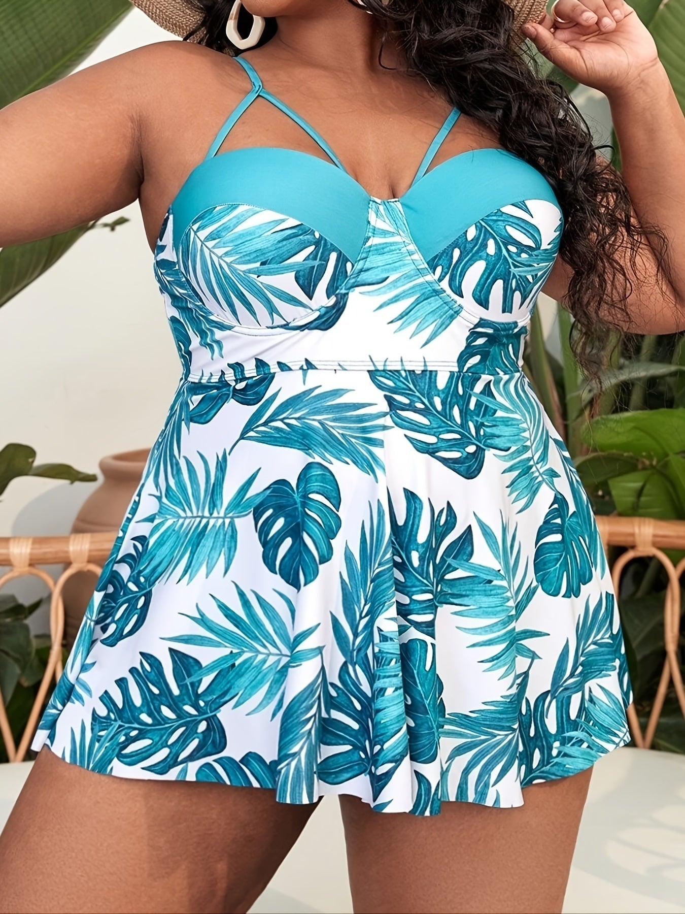 Plus Size Tropical Print Cut Out Top & Panties Swimsuit Set