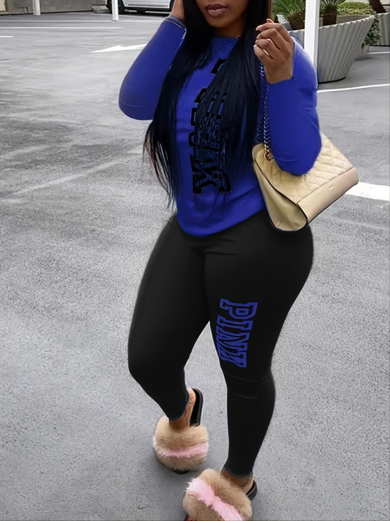 Plus Size Letter Print Long Sleeve Top & Legging Set