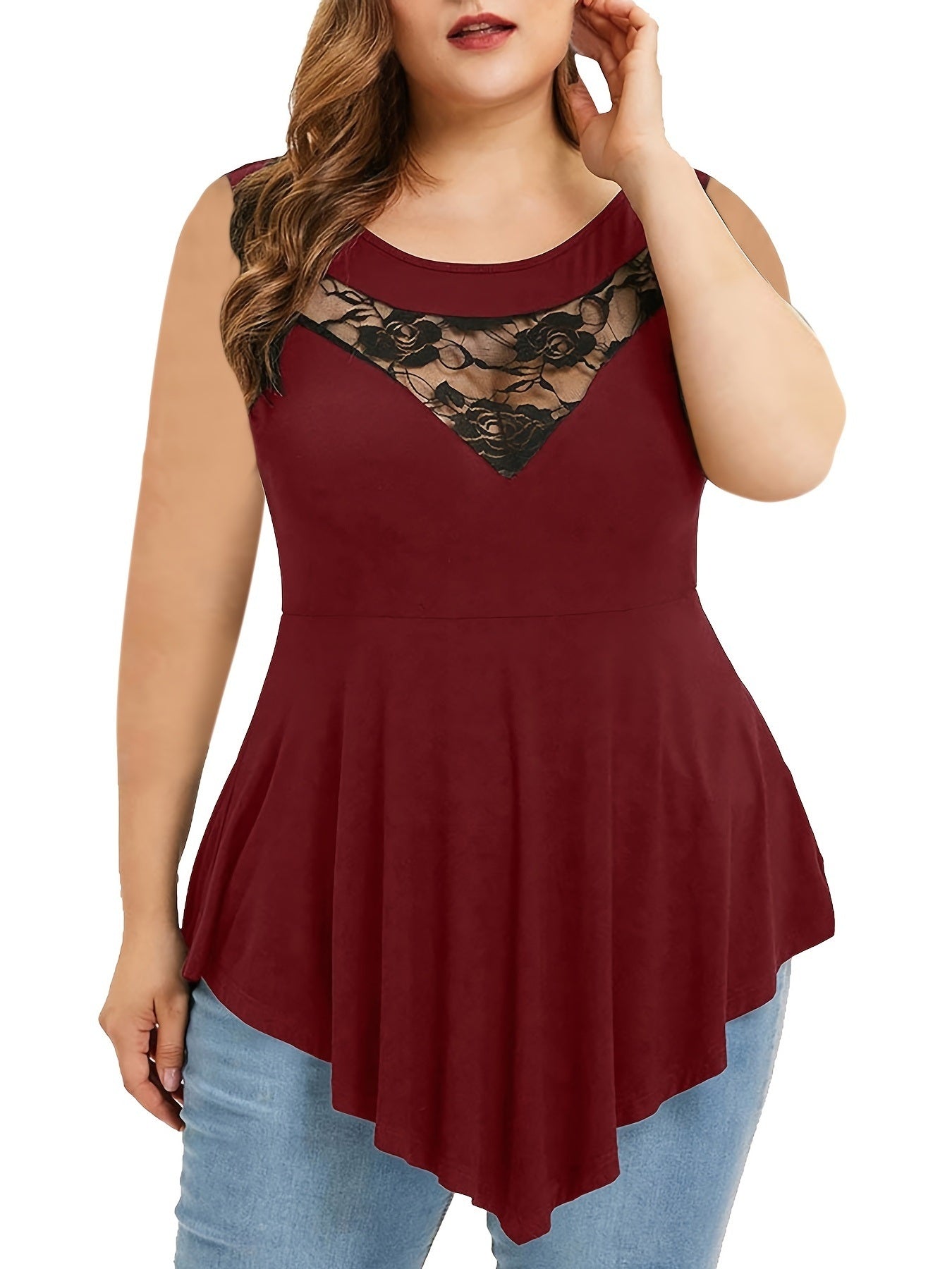 Plus Size Contrast Lace Irregular Hem Tank Top