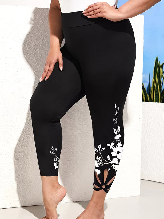 Women's Plus Floral Print Cut Out High Rise Stretch Leggings