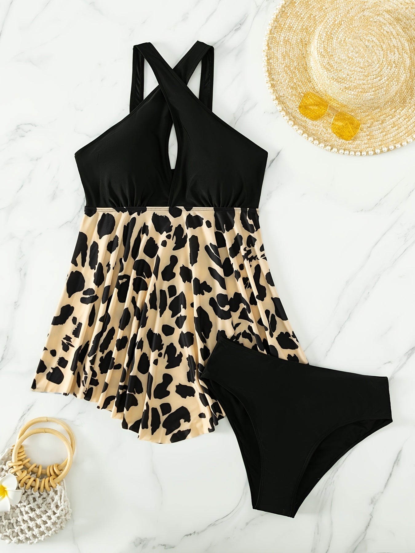 Plus Size Criss Cross Neck Leopard Print Bikini Set