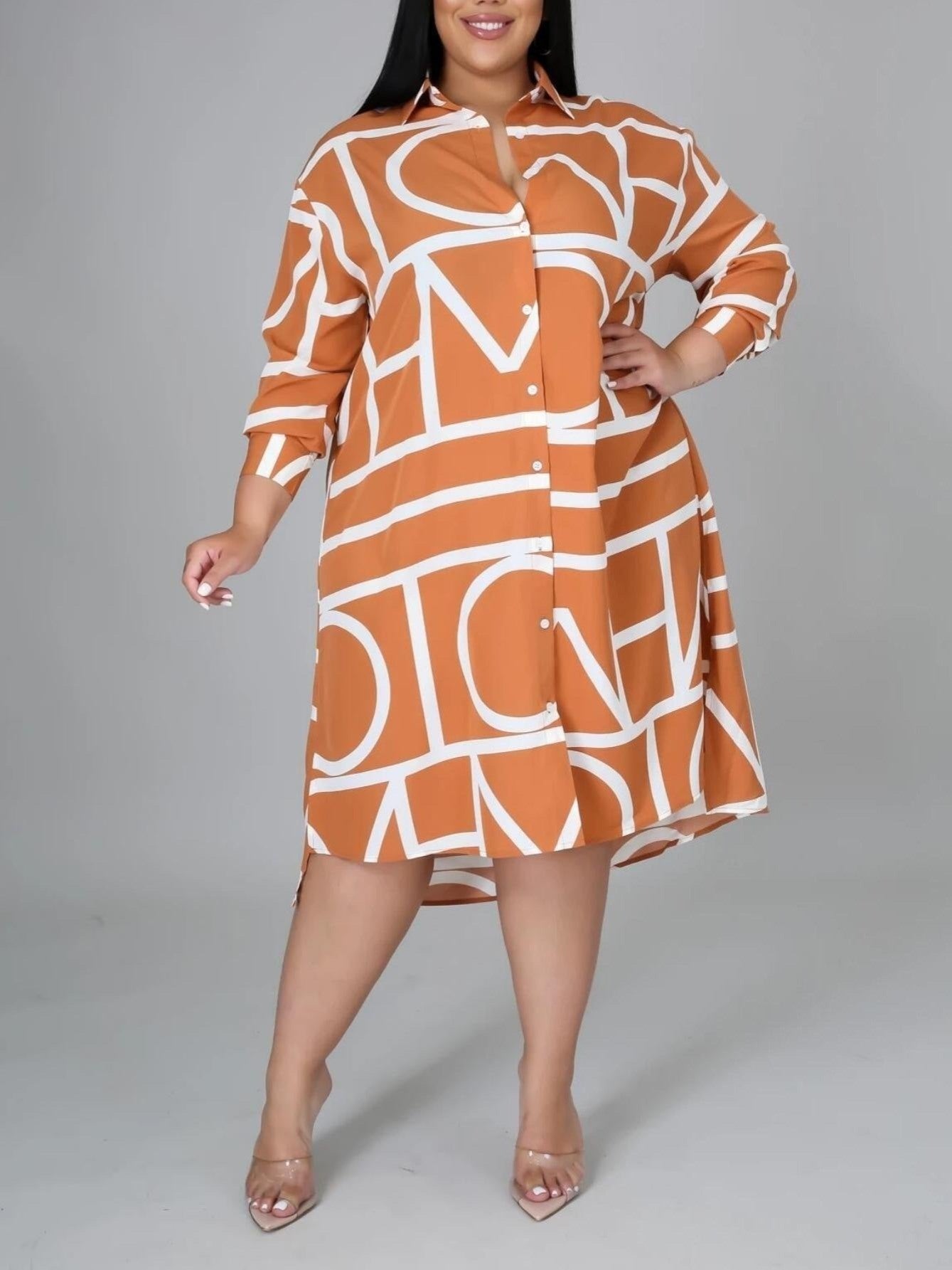 Geometric-pattern Lapel Long Sleeve Irregular Hem Shirt Dress