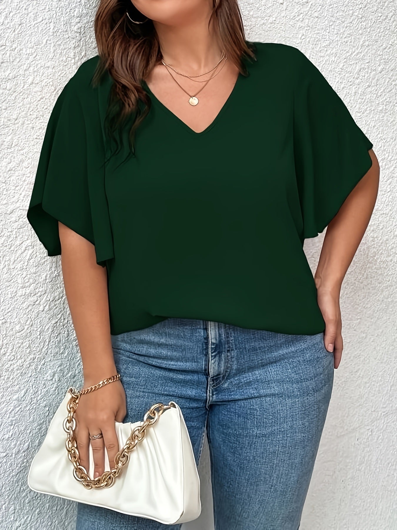 Plus Size Solid Color V Neck Bell Sleeve T-shirt
