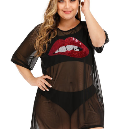 Plus Size Sequin Lip Print Semi Sheer Cover Ups
