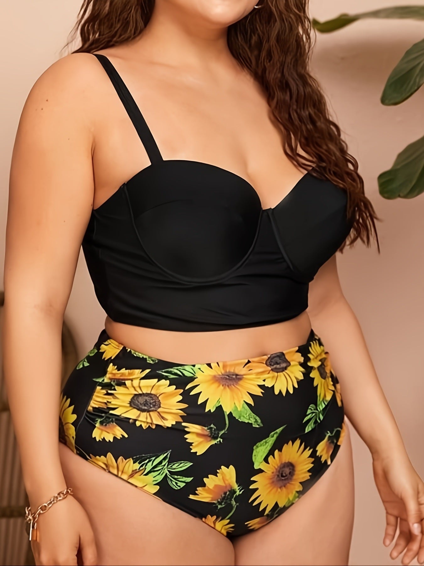 Plus Size Solid Cami Top & Sunflower Print Pants Swimsuit Set