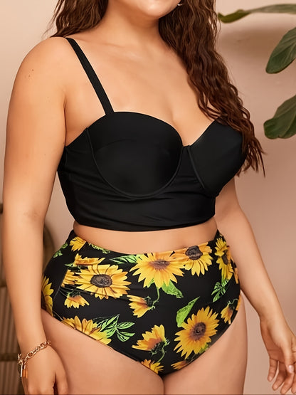 Plus Size Solid Cami Top & Sunflower Print Pants Swimsuit Set