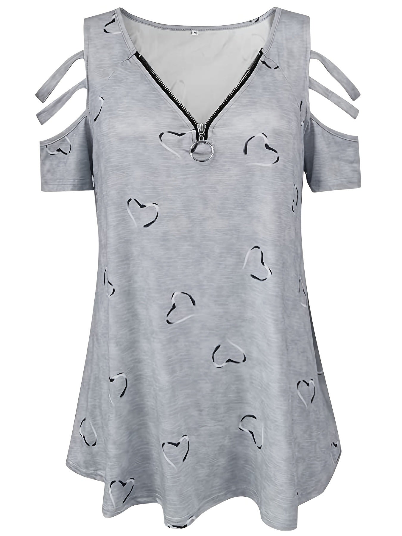 Plus Size Heart Print Zipper Short Sleeve Top; Women's Plus Slight Stretch V Neck Casual T-shirt