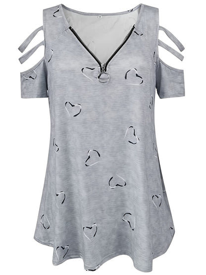 Plus Size Heart Print Zipper Short Sleeve Top; Women's Plus Slight Stretch V Neck Casual T-shirt