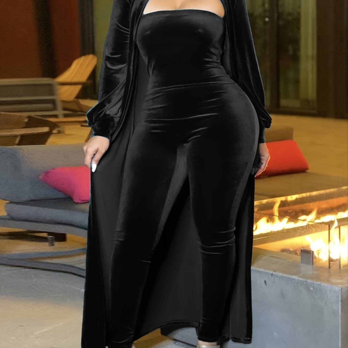 Plus Size Velvet Jumpsuit & Coat Fuzzy Set