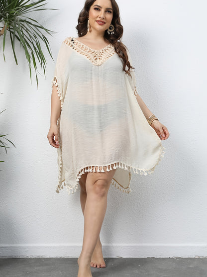 Women's Plus Size Fringe Trim Hollow Out Cover Ups