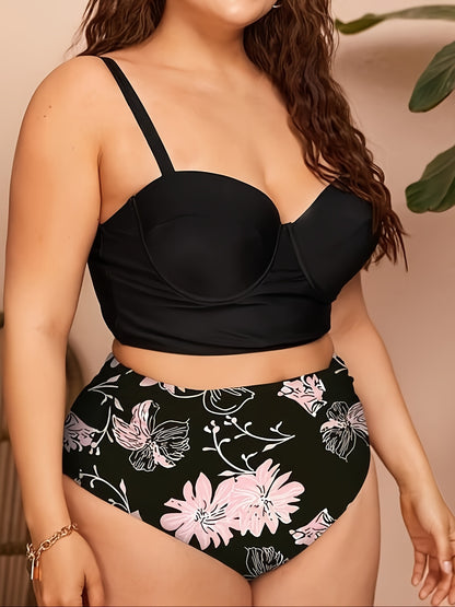 Plus Size Solid Cami Top & Sunflower Print Pants Swimsuit Set