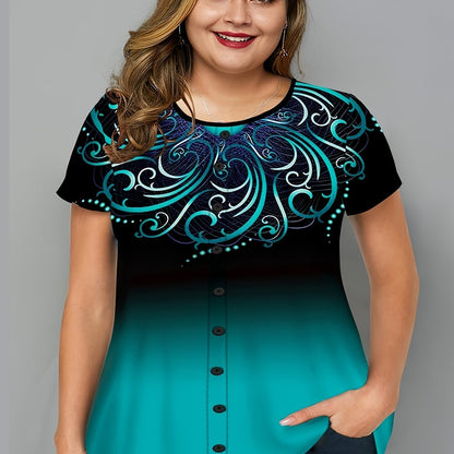 Plus Size Ombre Graphic Print Button Decor Short Sleeve T-shirt; Women's Plus Slight Stretch Casual Top