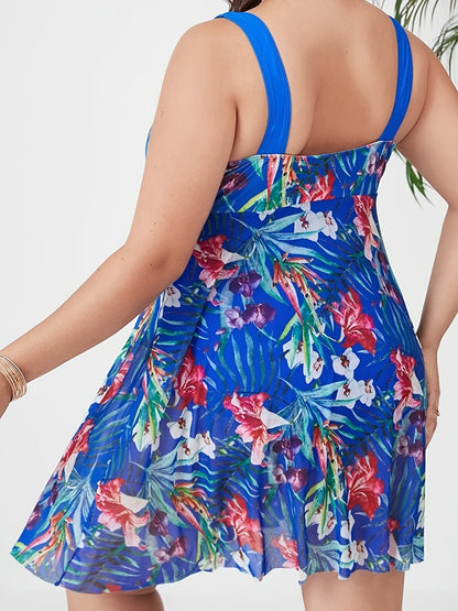 Women's Plus Tropical Print Contrast Mesh Layered One Piece Swimsuit