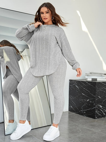 Rib Knit Solid Long Sleeve Hoodie Tops & Leggings Set