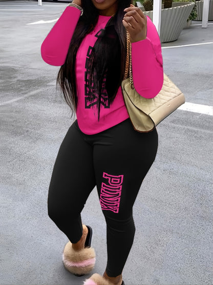 Plus Size Letter Print Long Sleeve Top & Legging Set