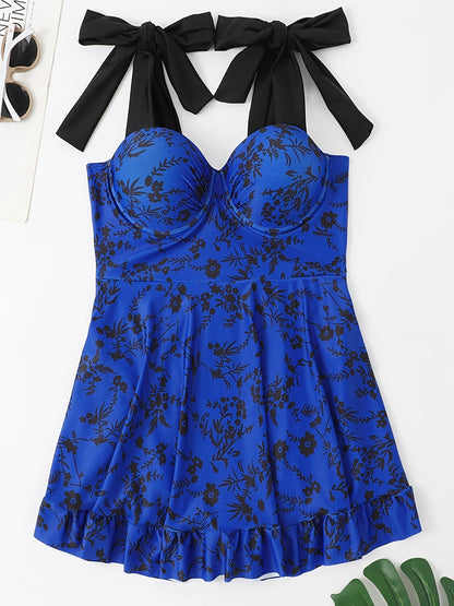 Plus Size Floral Print Knot Strap One Piece Fashion Swimsuit