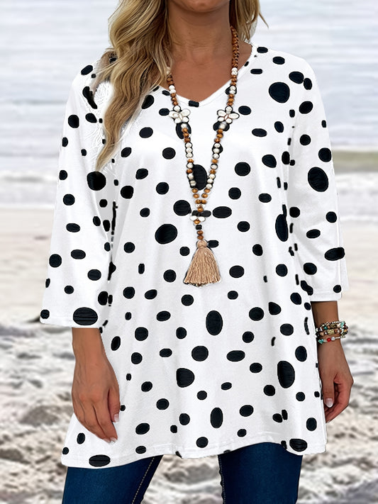 Women's Plus Polka Dot Print Half Sleeve V Neck Top