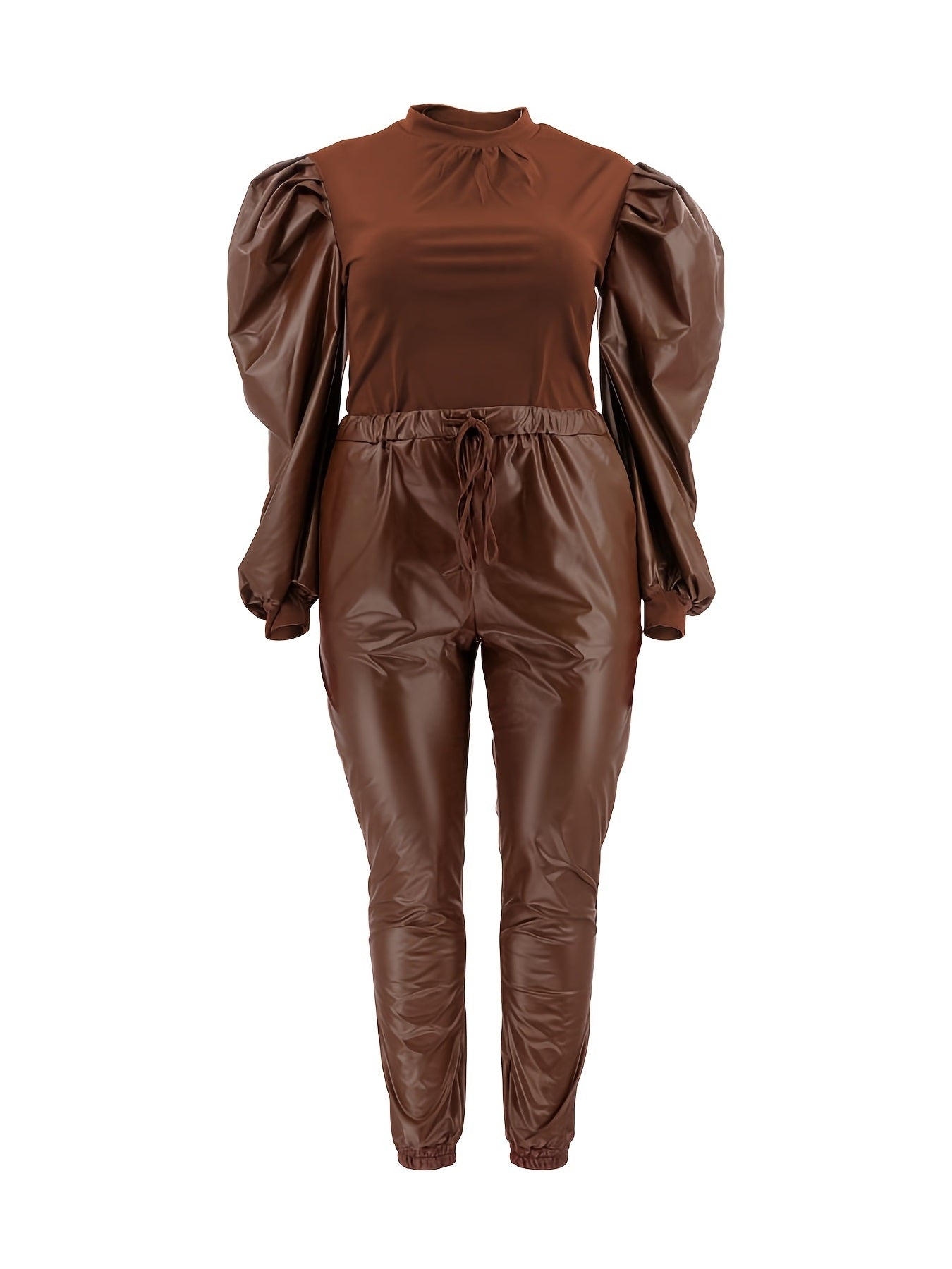 Plus Size Contrast Layer Solid Puff Sleeve Tops & Sweatpants Set