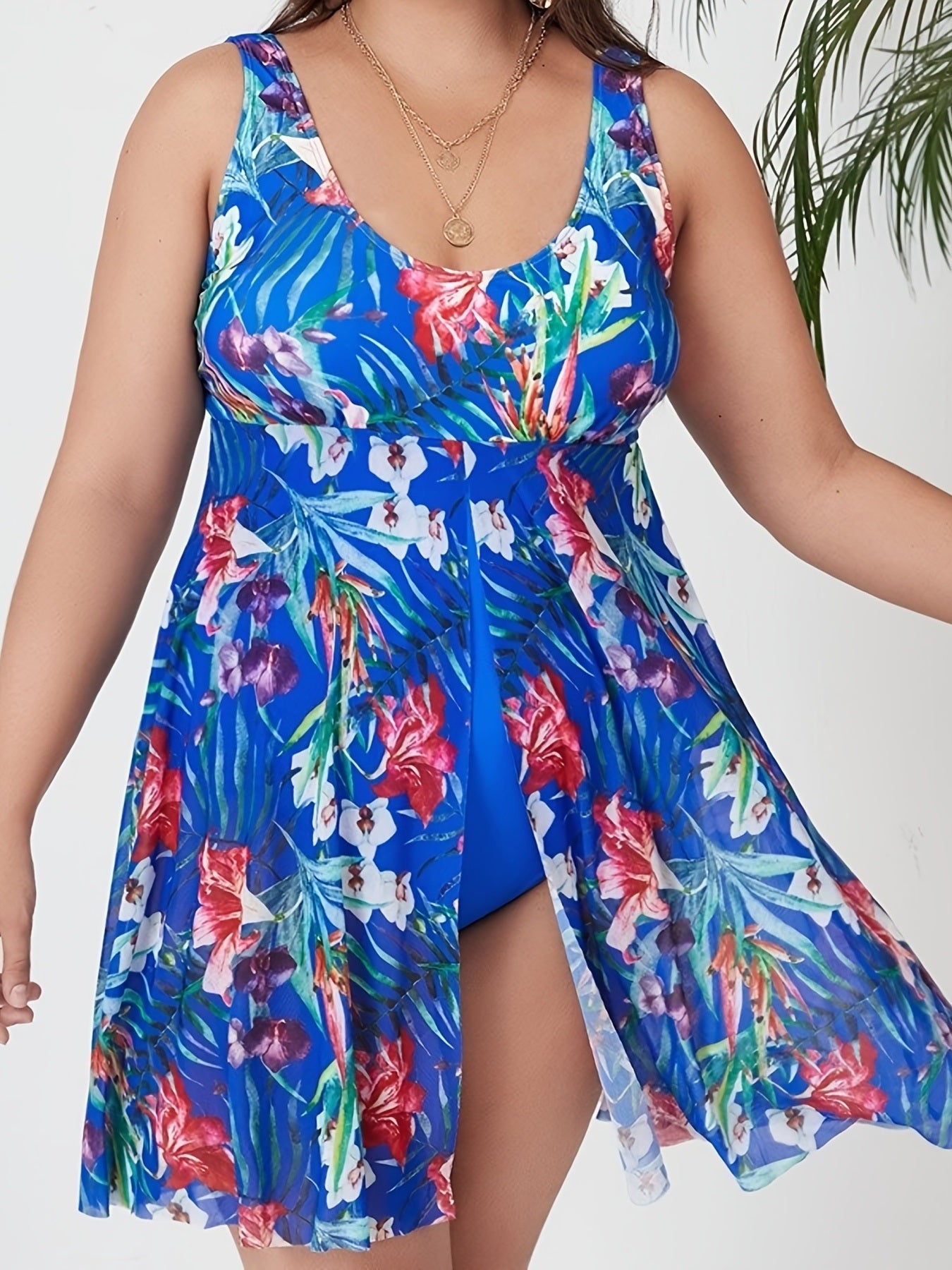 Women's Plus Tropical Print Contrast Mesh Layered One Piece Swimsuit
