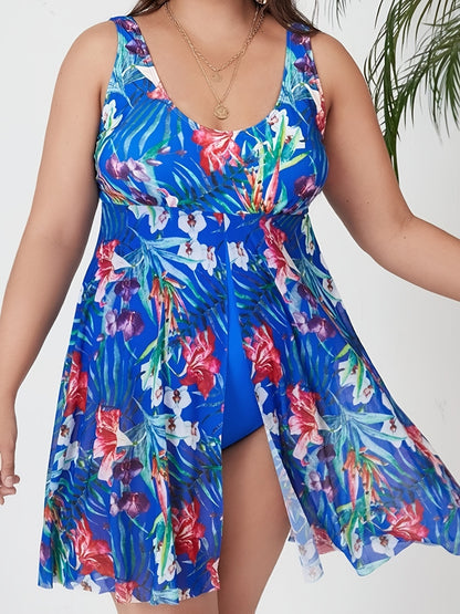 Women's Plus Tropical Print Contrast Mesh Layered One Piece Swimsuit