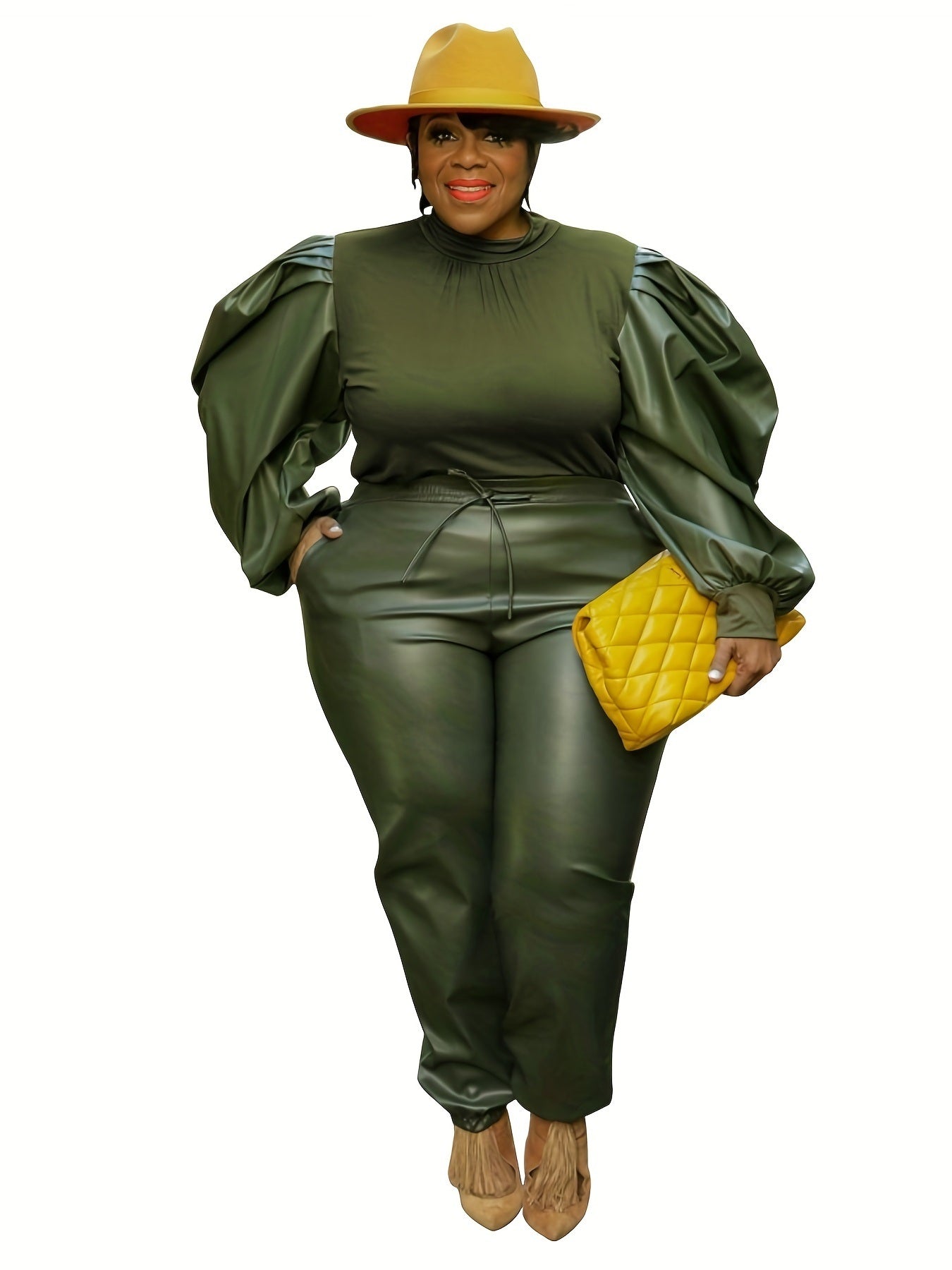 Plus Size Contrast Layer Solid Puff Sleeve Tops & Sweatpants Set