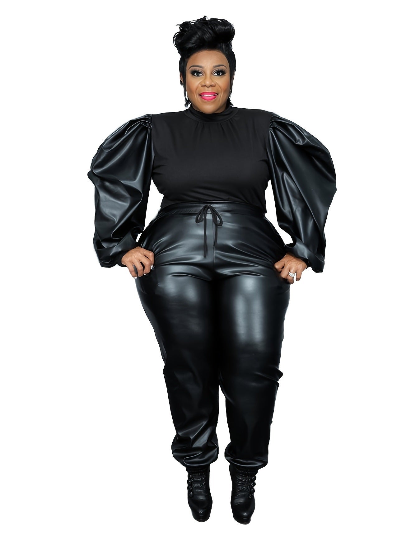 Plus Size Contrast Layer Solid Puff Sleeve Tops & Sweatpants Set
