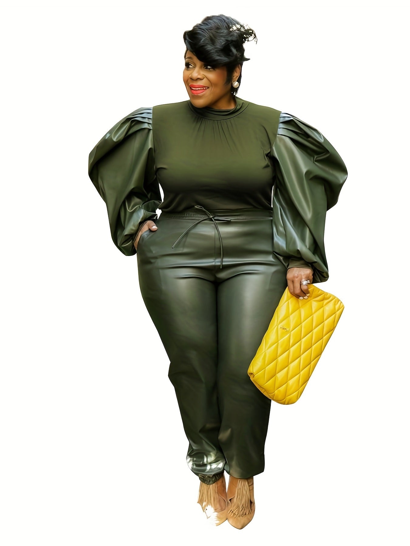 Plus Size Contrast Layer Solid Puff Sleeve Tops & Sweatpants Set