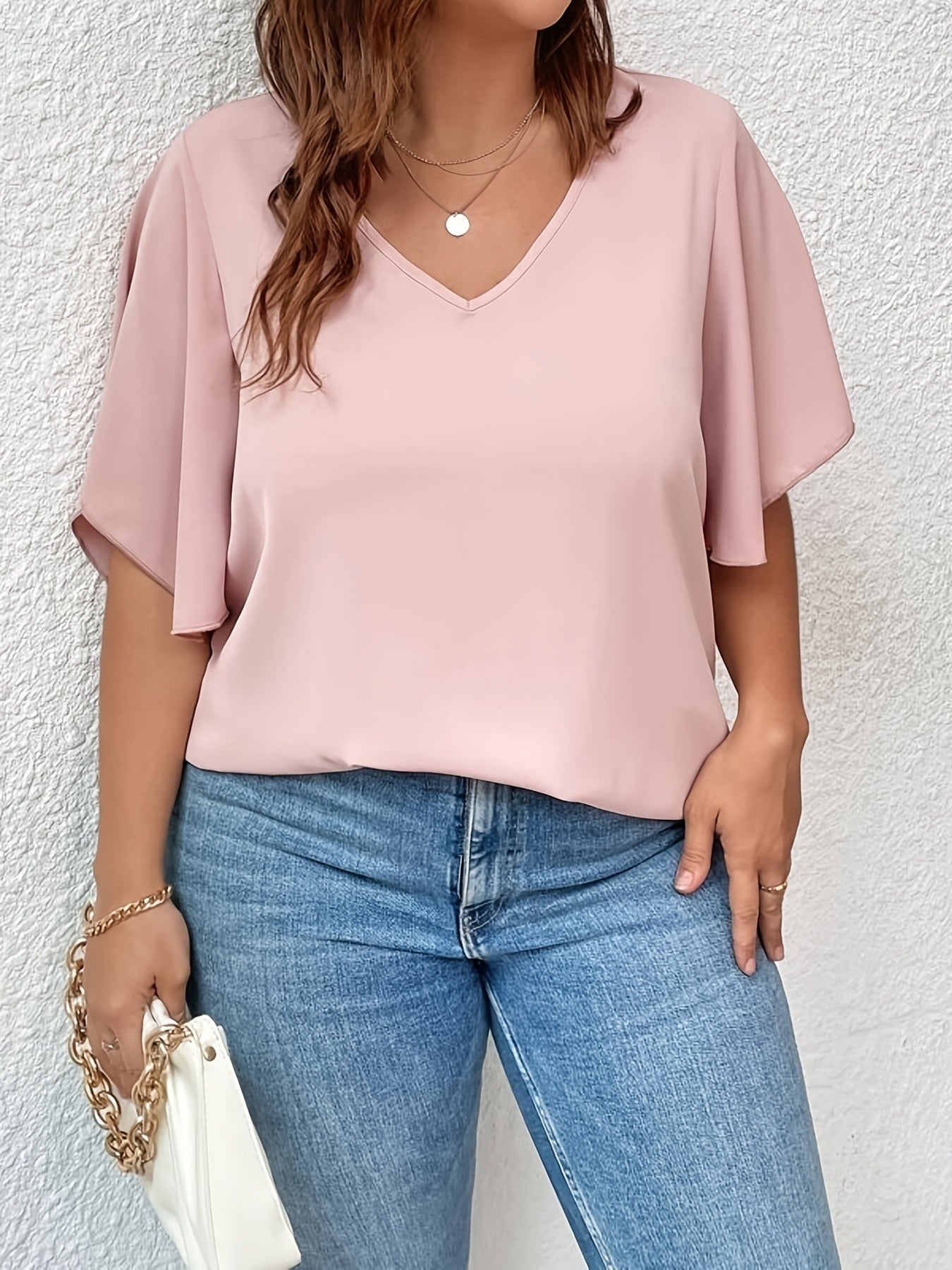 Plus Size Solid Color V Neck Bell Sleeve T-shirt